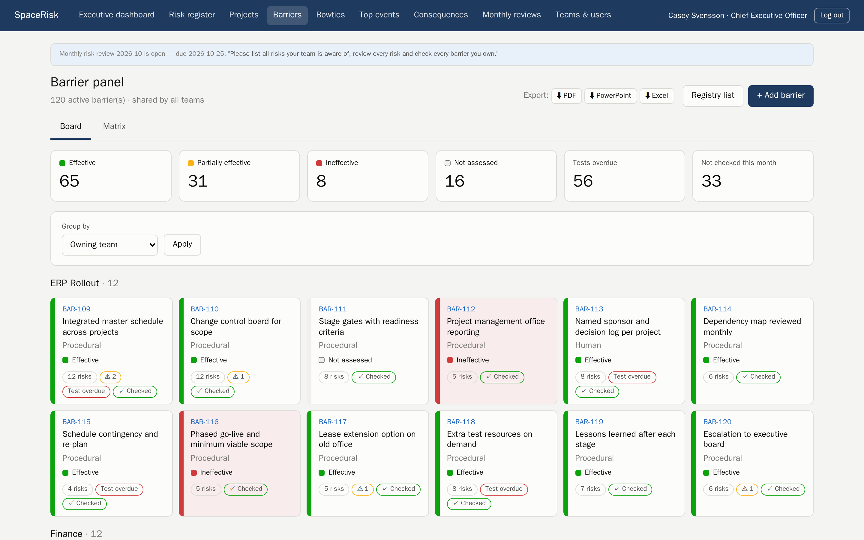 The barrier panel: every control, its effectiveness and its monthly check.